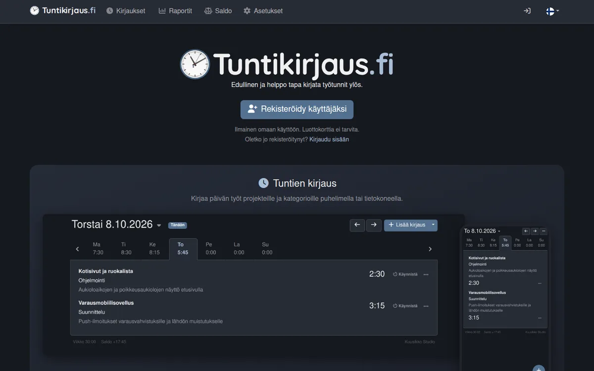 Tuntikirjaus.fi – kuvakaappaus